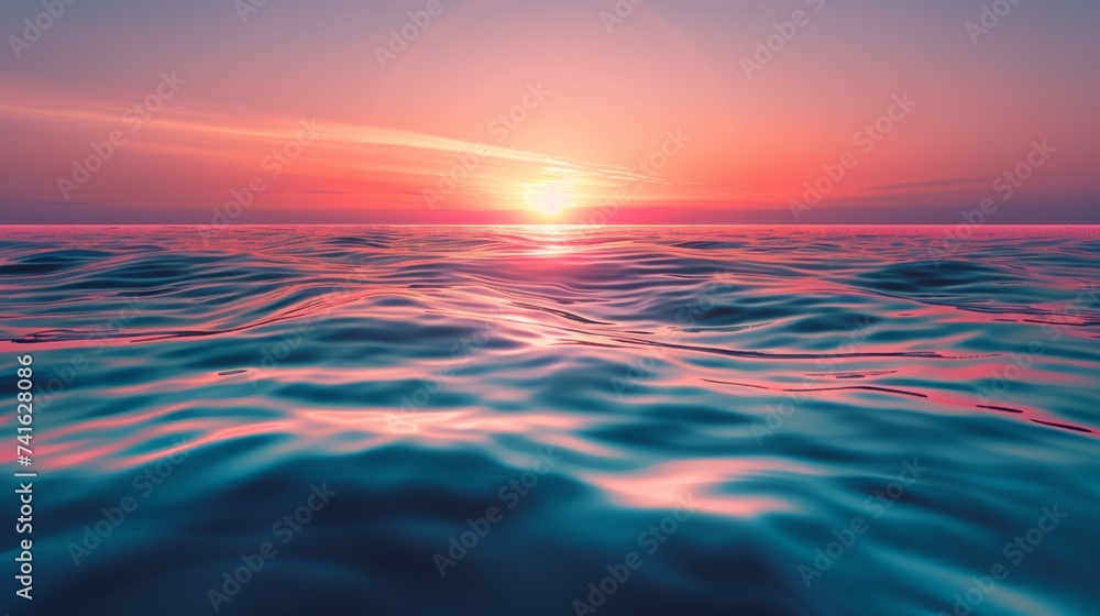 A serene sunset painting the sky in shades of pink and purple as gentle waves ripple across the sea's surface.