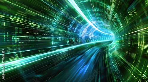 Futuristic Light Speed Data Stream - Digital Cyberspace Tunnel with Glowing Lines and Binary Code