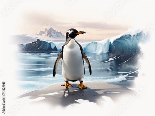 Gentoo Penguin in Antarctic Ice Landscape