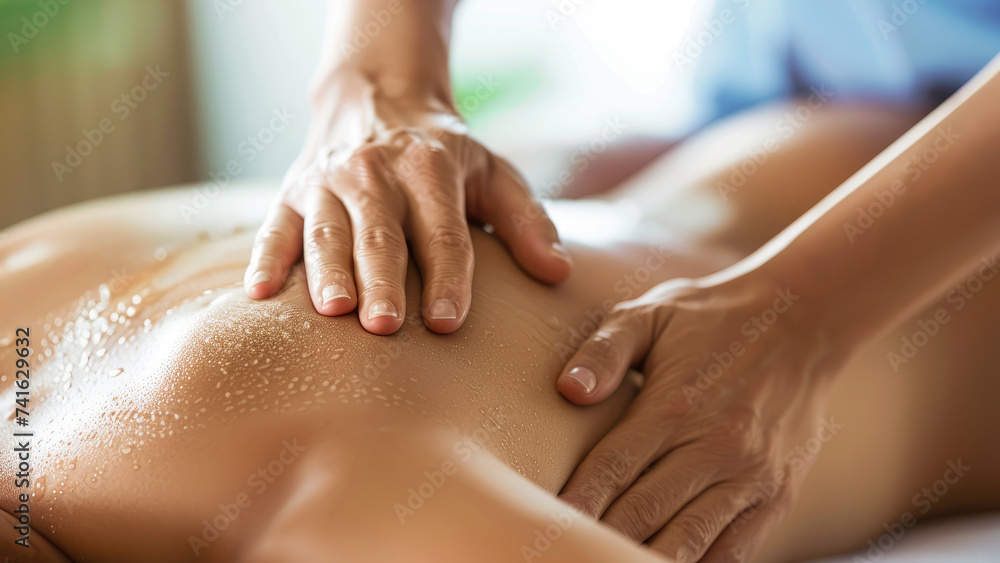 The gentle touch of a person's hands on a woman's back, caressing her skin and tracing the delicate veins, while their toes dance across her stomach in a soothing indoor massage The gentle touch of a person's hands on a woman's back, caressing her skin and tracing the delicate veins, while their toes dance across her stomach in a soothing indoor massage