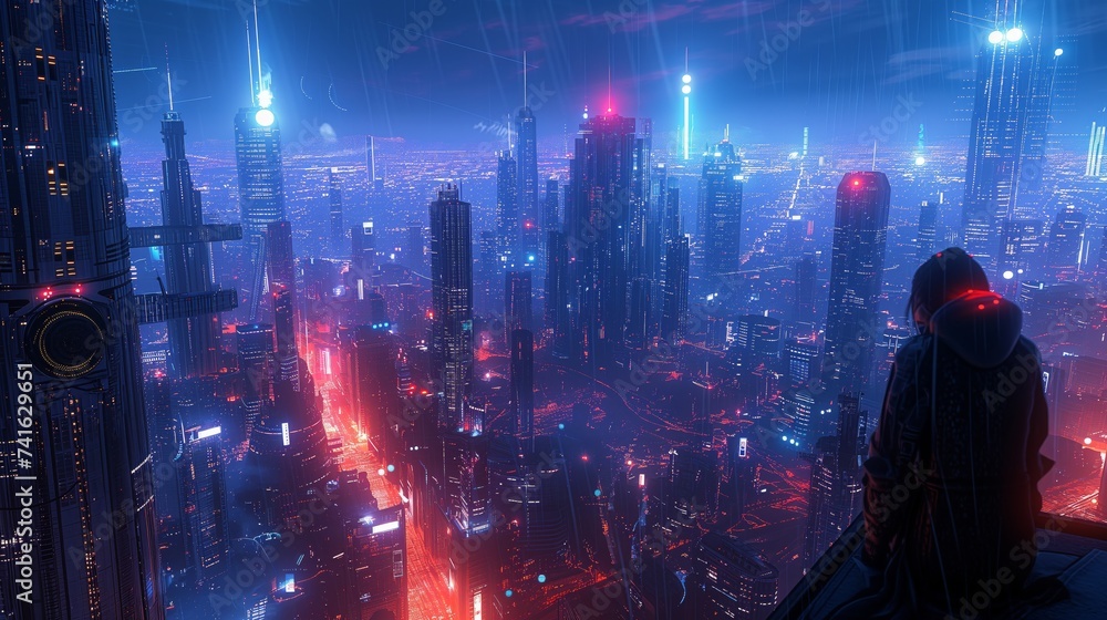 Neon-lit cyberpunk cityscape with a lone observer Neon-lit cyberpunk cityscape with a lone observer