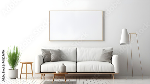 modern living room with white sofa and poster frame