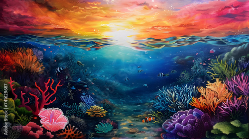 A painting of a coral reef with the sun shining through the clouds  A under water sea  
