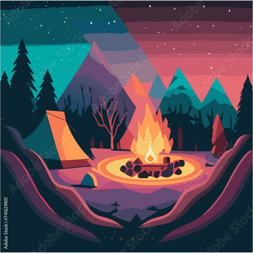 Vector Illustration of a Magical Campfire around Tents, Minimal, Cool Winter, Night Colors, Nighttime Adventure, aesthetic campfire  vector, aesthetic campfire, teal winter campfire background art 