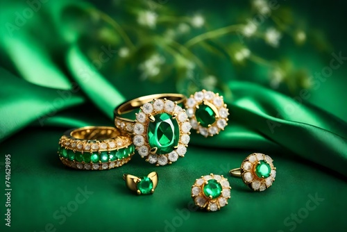 Beautiful Golden ring and pair of earrings with green Emerald and Diamonds gemstones on a green satin background. Luxury female jewelry, close-up. Selective focus
