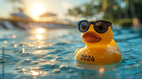 Cute rubber duck in swimming pool at sunset time in Summer.