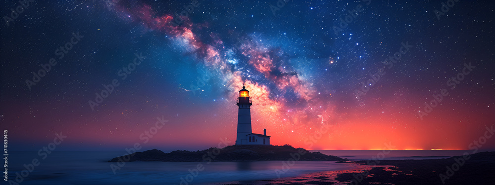 A lighthouse elegantly breached out of the ocean at night - obrazy, fototapety, plakaty 