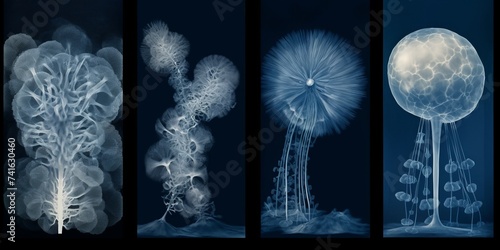 a set of four paintings of different types of plants on a dark background photo