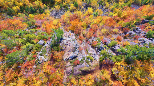 Aerial Autumn Tapestry in Michigan Forest with Rock Formations