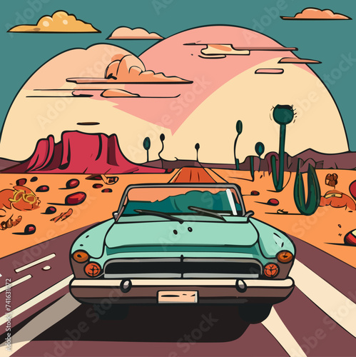 Vector Illustration of a Vintage Car on a Highway: Desert Sunset Retro Poster Design, Sunset Sky