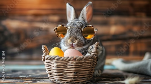 Little adorable bunny rabbit with sun glasses stay on gray table with brown wood background