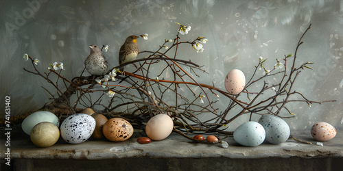 Happy Easter with Easter egg Quail easter eggs in nest.AI Generative photo