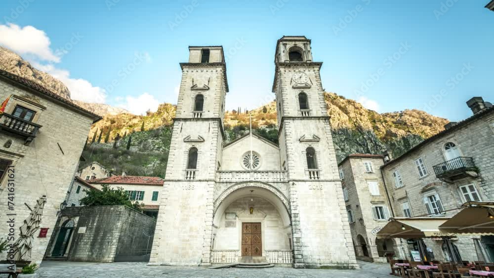 St. Tryphon Cathedral in Kotor Montenegro Church timelapse hyperlapse video at night. St. Tryphon Cathedral in Kotor Montenegro Church timelapse hyperlapse video at night.