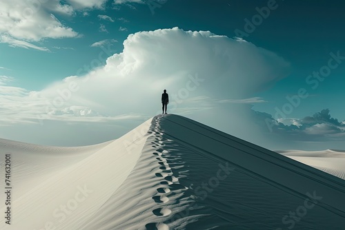 a man standing on a sand dune in a vast desert, illustrating the loneliness and immensity of sandy landscapes. 