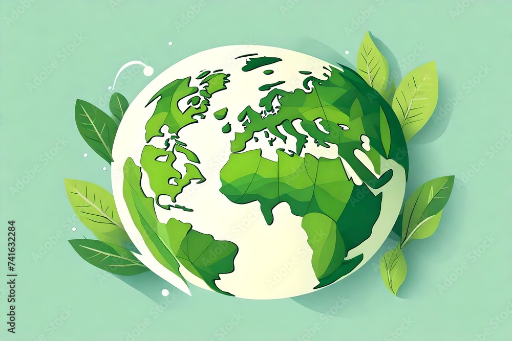 Minimalistic an isolated Earth and green leaves in cartoon style conveying the concept of ecology and the environment Minimalistic an isolated Earth and green leaves in cartoon style conveying the concept of ecology and the environment