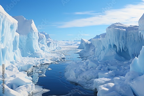 With solemn beauty, an Antarctic glacier melts under the relentless forces of global warming, emphasizing the urgent need for decisive action to address the escalating threat of climate change
