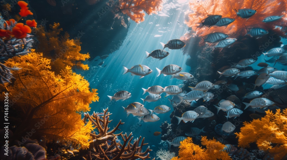 A vibrant underwater scene with a school of fish swimming near a colorful coral reef, illuminated by streaming sunlight.