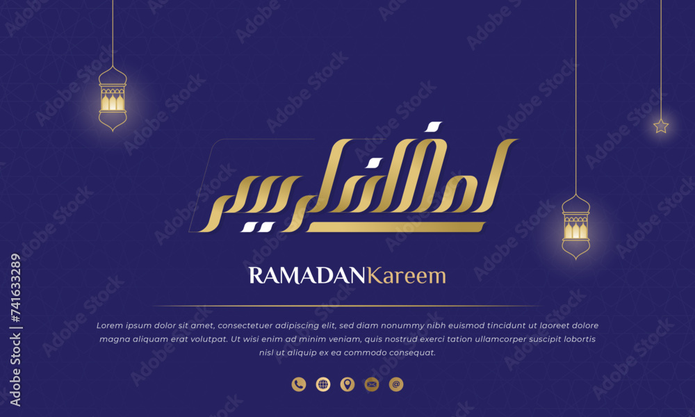 Purple islamic background design with arabic calligraphy for ramadan kareem campaign. arabic text mean is ramadan kareem. Ramadan background in purple and gold design