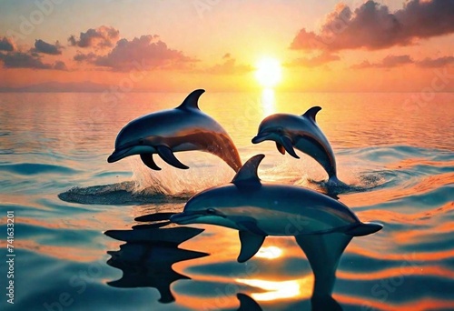 two dolphins in the background of a beautiful sunset photo