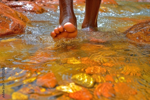 A close-up of a person's feet wading in a crystal-clear mountain stream showcasing the purity and clarity of mountain water. © Vasili