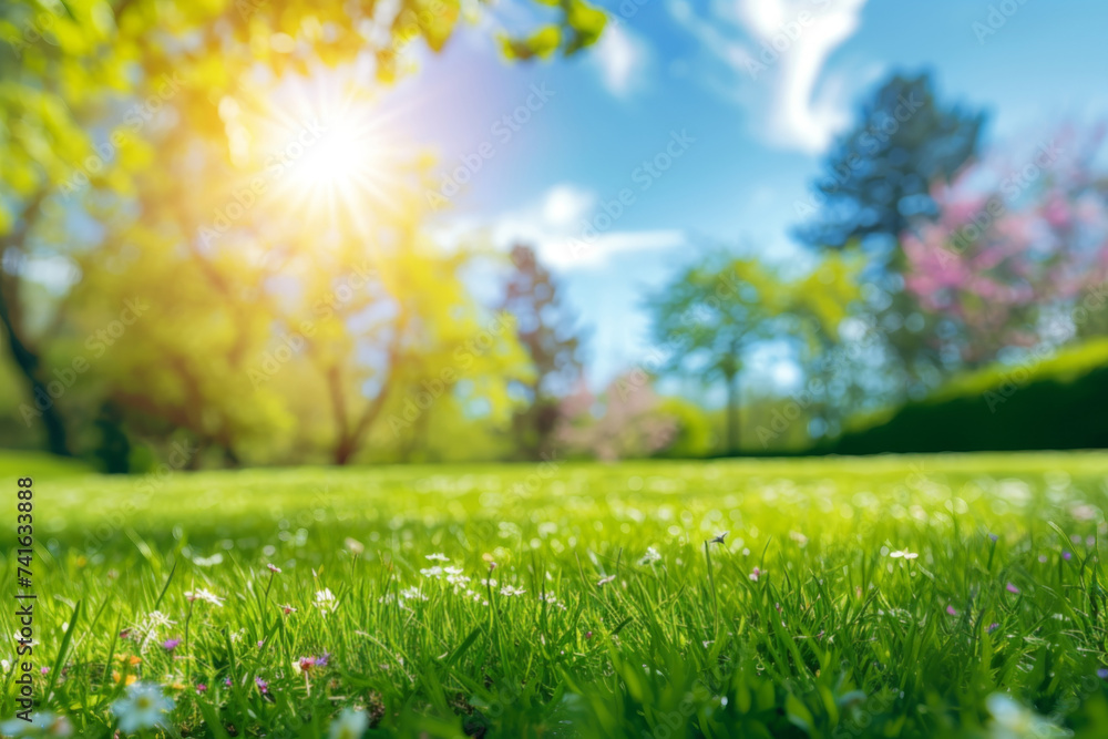 A sunny meadow with fresh green grass and small flowers, trees in the soft-focus background.