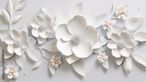 3D White jade flower on fabric background, wallpaper for walls photo