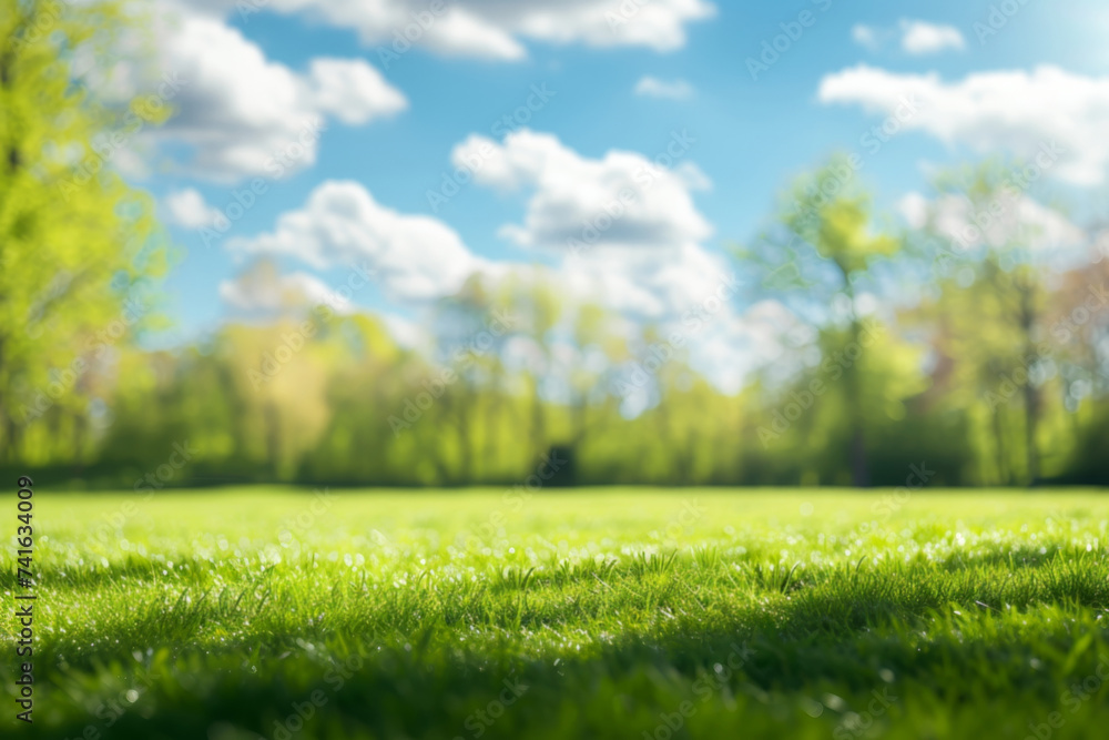 Lush green grass in the foreground with blurred trees and blue sky in the background.