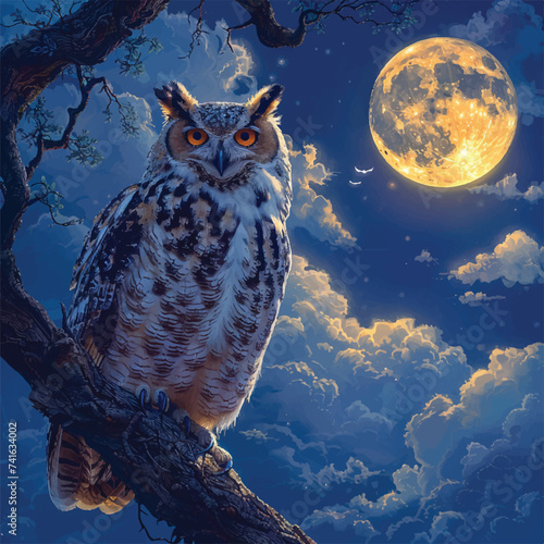 Illustration of an Owl at night in forest