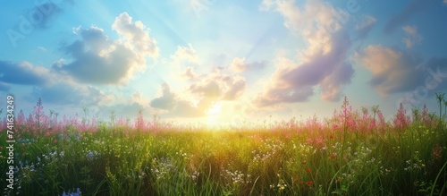 field of spring grass and p...