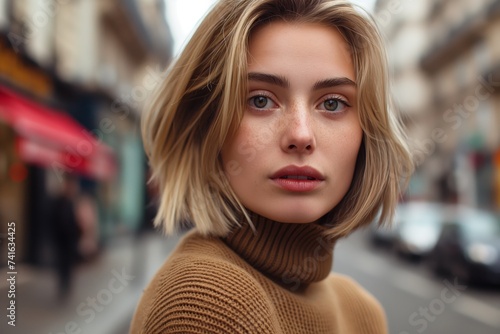 A woman with short blonde hair and a brown turtleneck sweater stands on a city street.