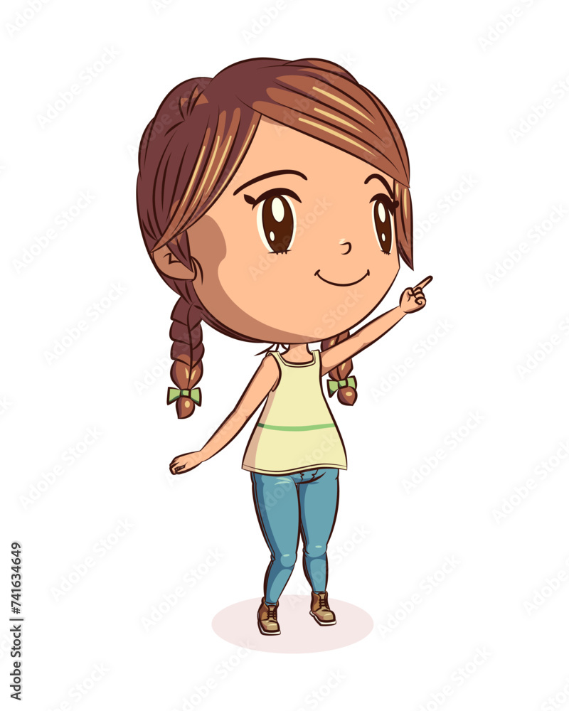 Girl pointing up index finger Girl pointing up index finger