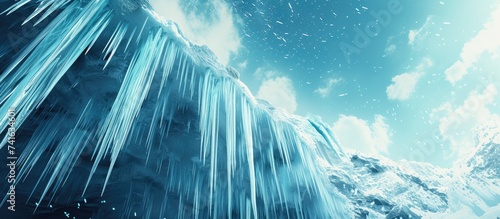 A low angle of an ice formation with hanging huge icicles. with copy space image. Place for adding text or design