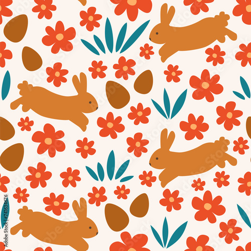 cute cartoon rabbit and easter eggs in the meadow holiday seamless vector pattern background illustration
