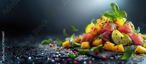 gourmet raw tuna tartare ceviche with mango lime and chilli dish. with copy space image. Place for adding text or design photo
