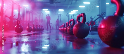 Group having functional fitness training with kettlebell in sport gym. with copy space image. Place for adding text or design photo