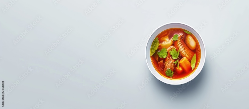 Hot Soup with Noodles Duck Meat and Vegetables in White Bowl View from Above. with copy space image. Place for adding text or design
