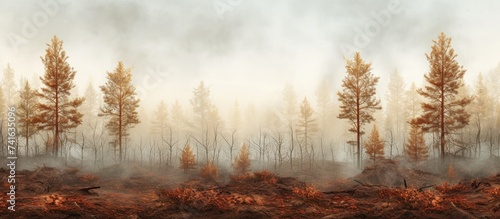 Fire damaged forest boreal forests Burnt boreal forests Wildfire low fire in a mixed forest with a predominance of pine. with copy space image. Place for adding text or design photo