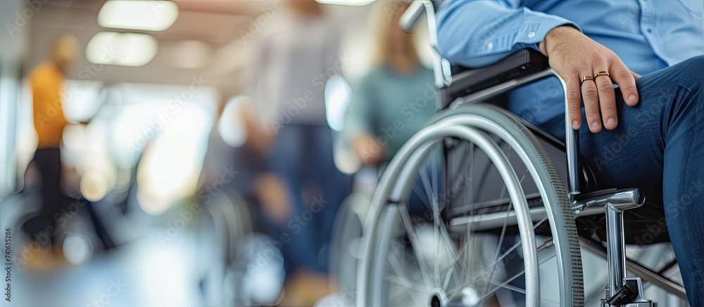 Obraz premium Diverse team of people working on laptop in disability friendly office man with physical health condition at work Company worker with impairment brainstorming ideas with woman. with copy space image