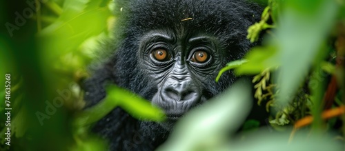 Baby gorilla in Volcano National Park in Rwanda. with copy space image. Place for adding text or design