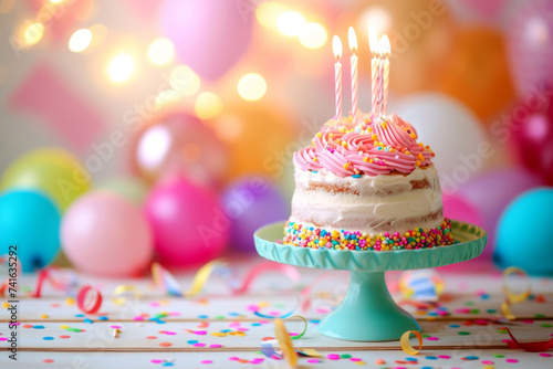 A colorful birthday cake with lit candles and confetti on a festive table with balloons in the background.