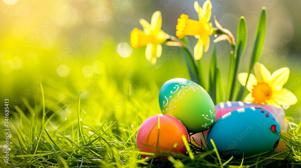 Easter eggs with daisies on green grass on a sunny day Easter eggs with daisies on green grass on a sunny day