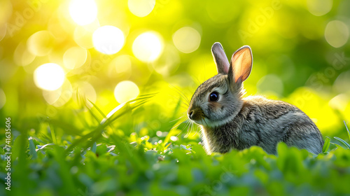 Easter bunny on fresh spring sunny garden background of green grass and blurred foliage bokeh.