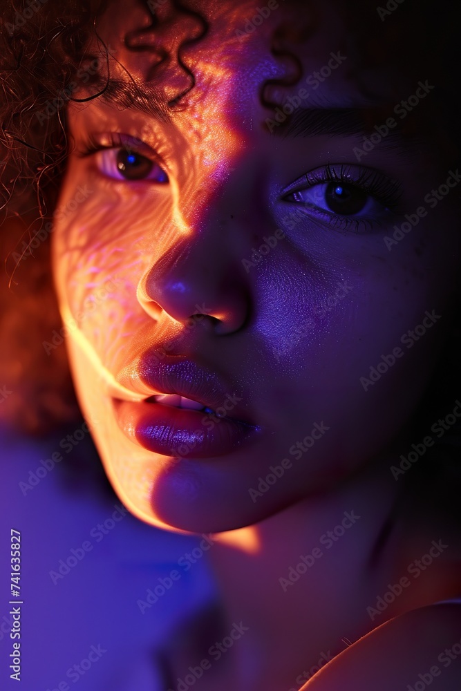 Young Black Woman's Close-Up Portrait Against a Background of Violet Neon Lights