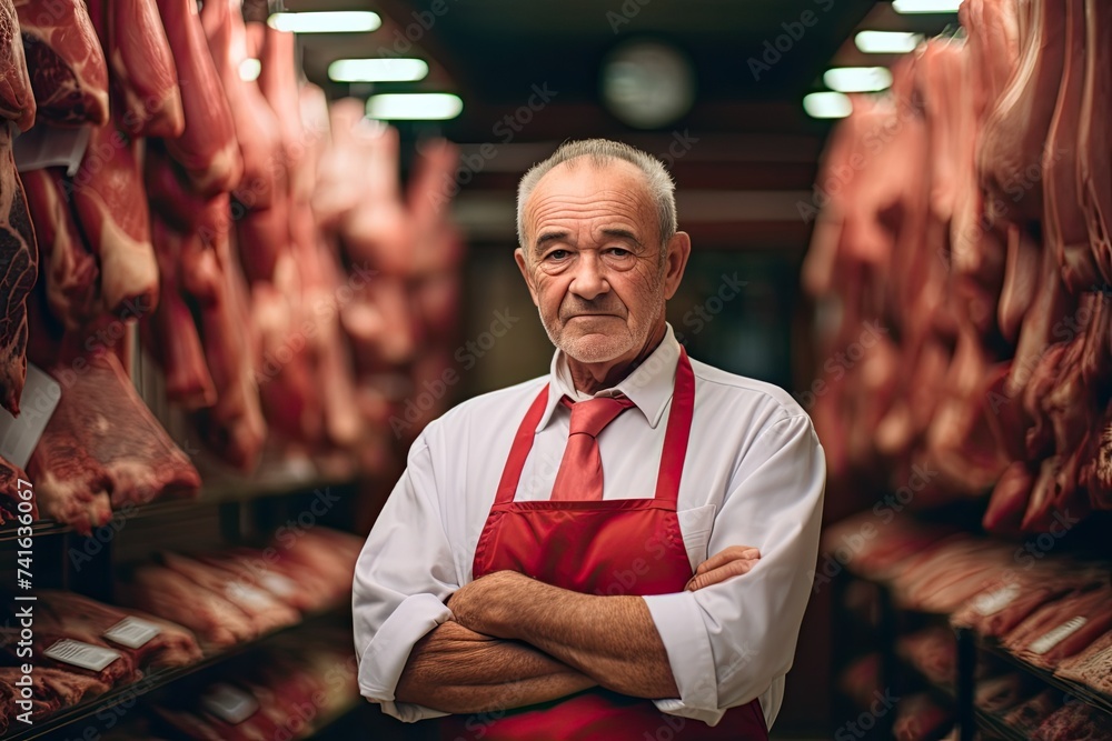 Man standing in front of meat. Man standing in front of meat.