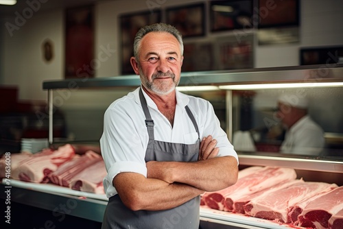 Middle-Aged Butcher Standing In Front Of Meat Display © Marharyta