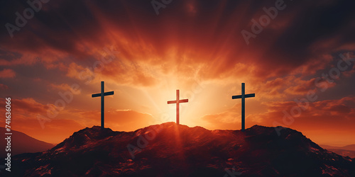 Crosses silhouetted against the setting sun in the mountains Ash Wednesday, Good Friday, Easter Sunday, Easter Monday, All Saints Day Religious.AI Generative