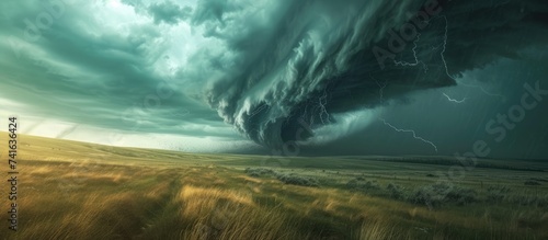 Panorama of a massive storm system which is a pre tornado stage passes over a grassy part of the Great Plains while fiercely trying to generate more energy. with copy space image photo