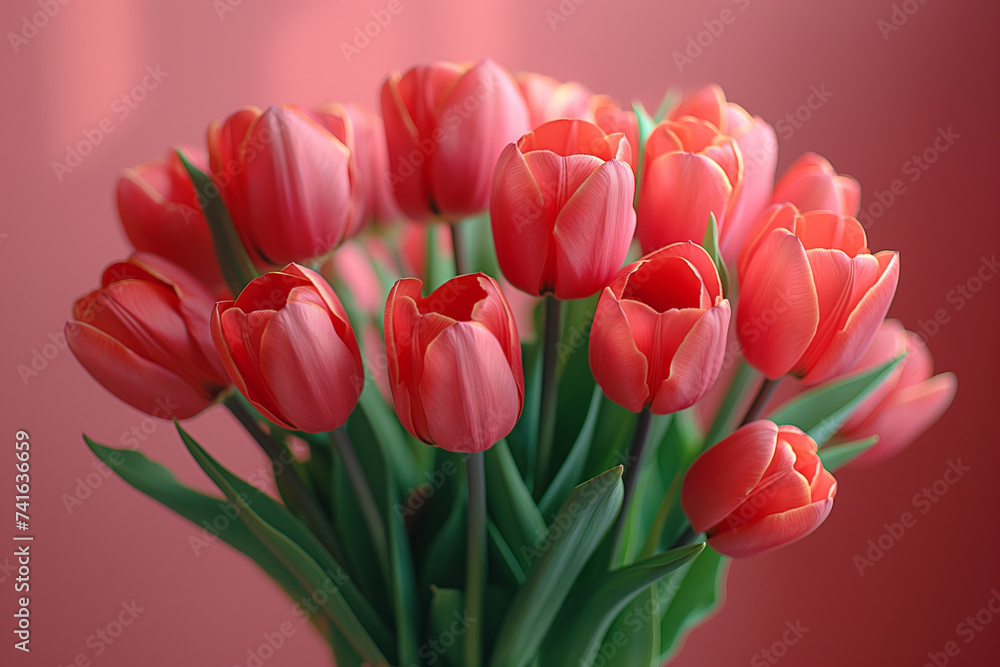 A bouquet of red tulips with a soft pink background. A bouquet of red tulips with a soft pink background.