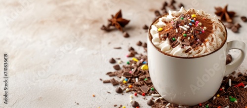 A messy cup with hot chocolate whipped cream marshmallows and chocolate chip cookies. with copy space image. Place for adding text or design