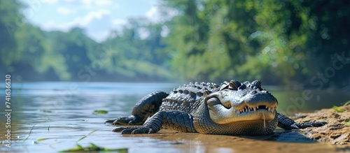 Large Crocodile Crocodylidae also true crocodiles is a large semiaquatic reptiles lying on a river bank in Africa. with copy space image. Place for adding text or design photo